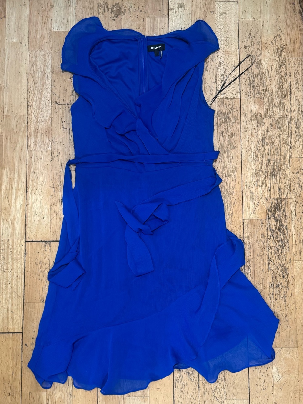 DKNY Royal Blue Ruffle Faux Wrap Sleeveless Midi Dress 8